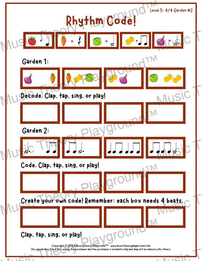 Rhythm Code: 4/4 Garden Level 5 2 / Worksheet + Answer Key Student Worksheet