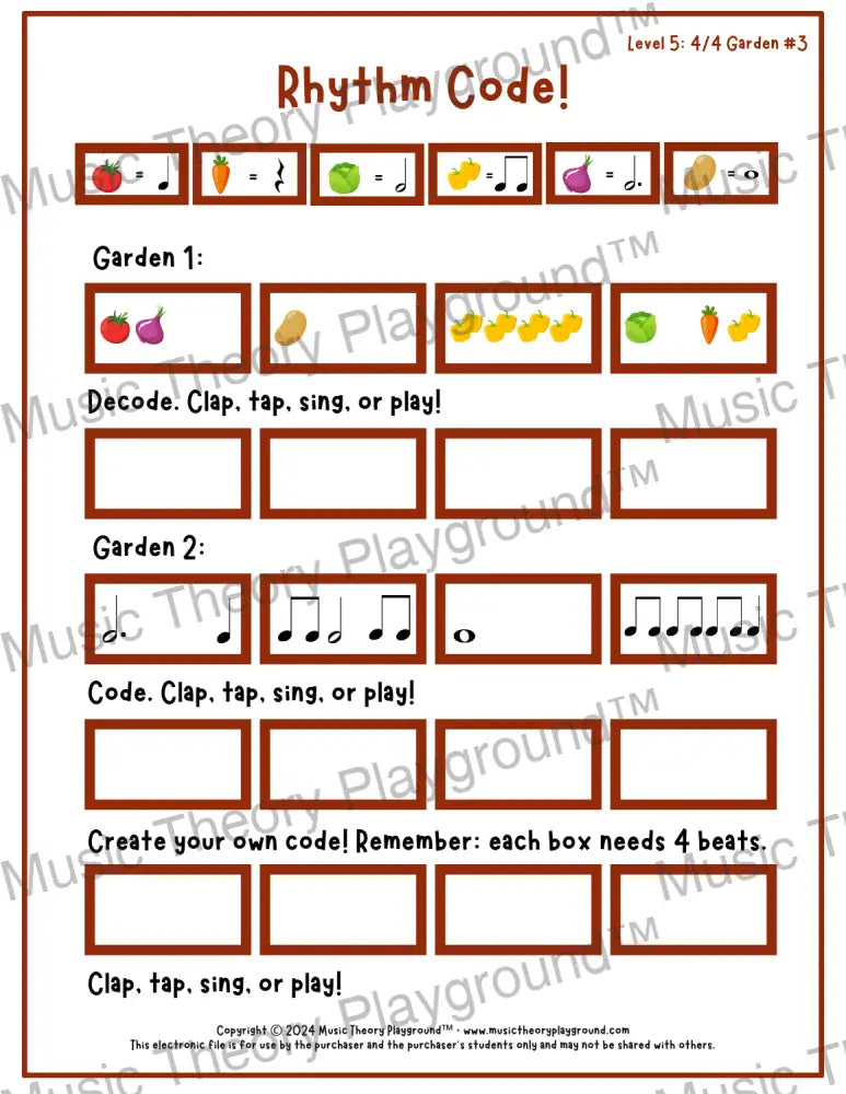 Rhythm Code: 4/4 Garden Level 5 3 / Worksheet + Answer Key Student Worksheet