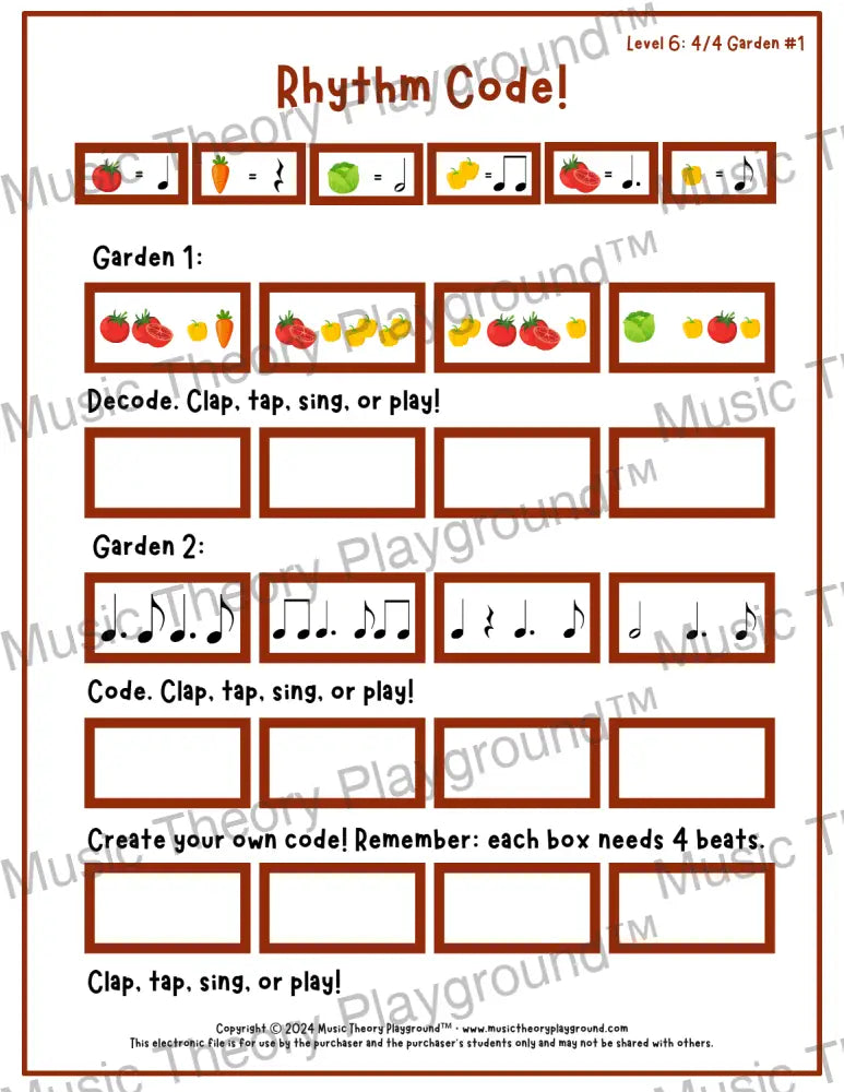 Rhythm Code: 4/4 Garden Level 6 1 / Worksheet + Answer Key Student Worksheet