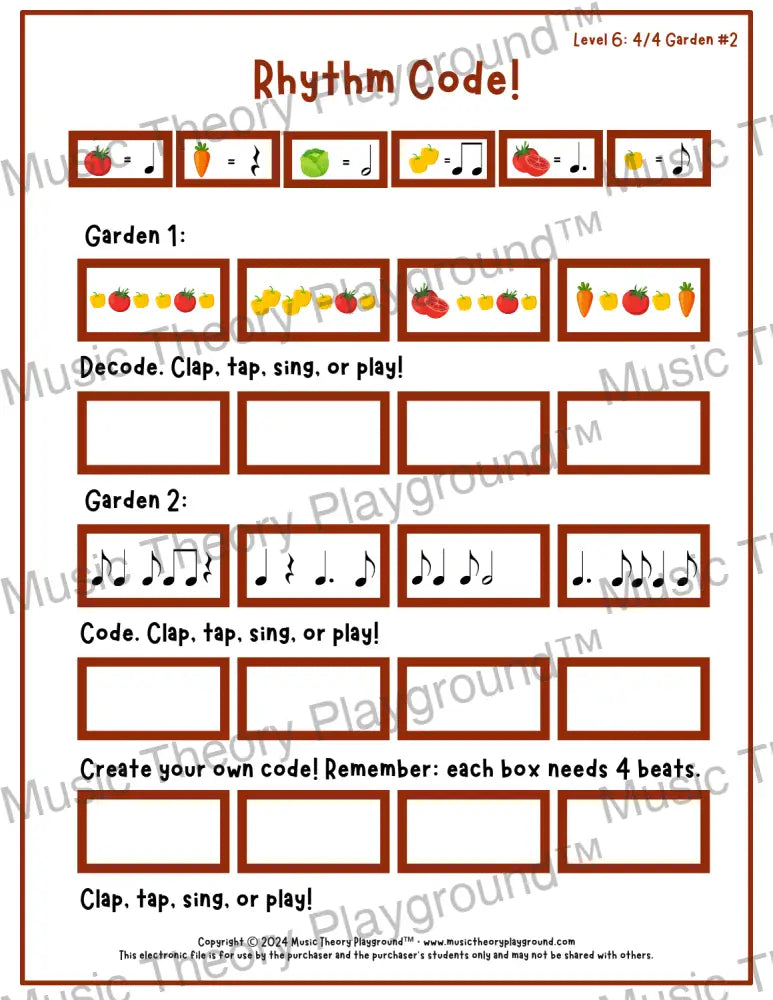 Rhythm Code: 4/4 Garden Level 6 2 / Worksheet + Answer Key Student Worksheet