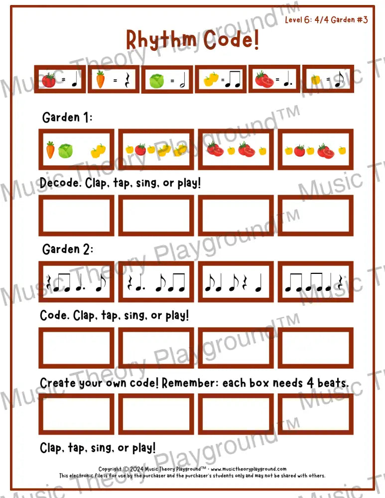 Rhythm Code: 4/4 Garden Level 6 3 / Worksheet + Answer Key Student Worksheet