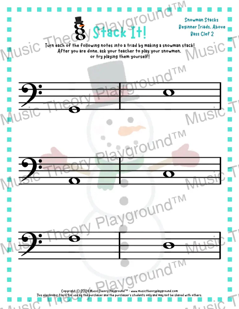 Stack It! Bass Clef: Snowman Collection 1 2 / Worksheet + Answer Key Student Worksheet