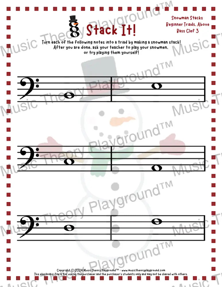 Stack It! Bass Clef: Snowman Collection 1 3 / Worksheet + Answer Key Student Worksheet
