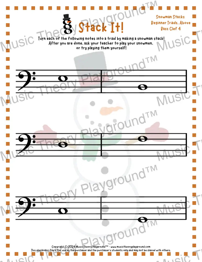 Stack It! Bass Clef: Snowman Collection 1 4 / Worksheet + Answer Key Student Worksheet