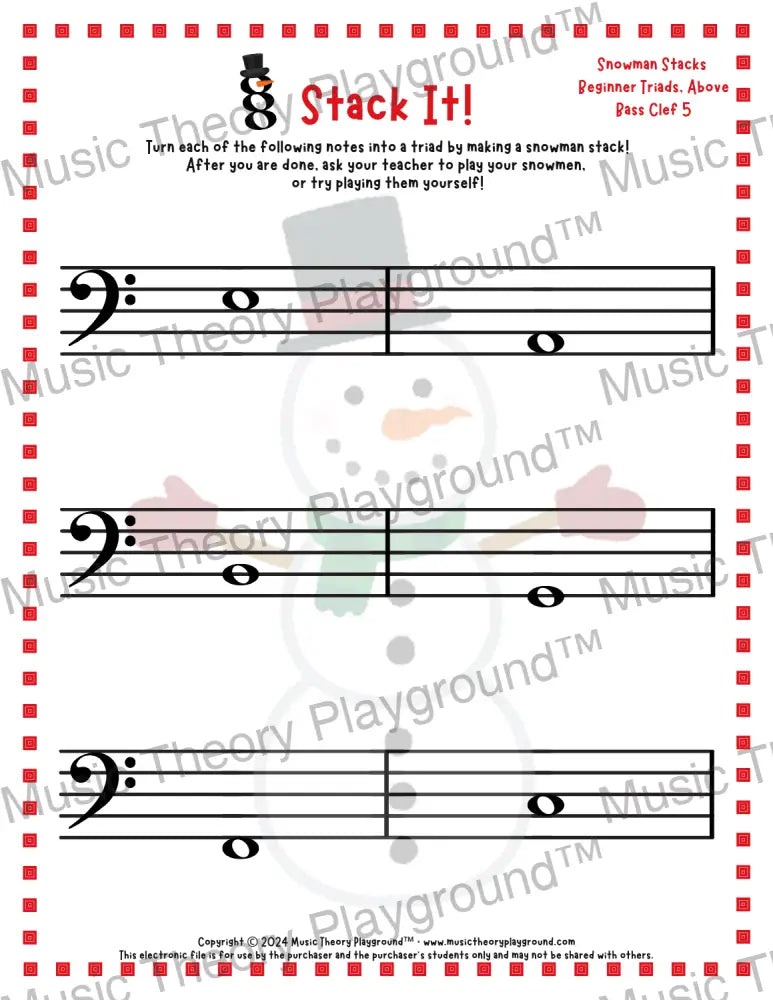 Stack It! Bass Clef: Snowman Collection 1 5 / Worksheet + Answer Key Student Worksheet