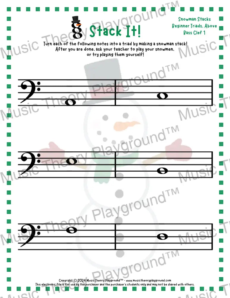 Stack It! Bass Clef: Snowman Collection 1 1 / Worksheet + Answer Key Student Worksheet
