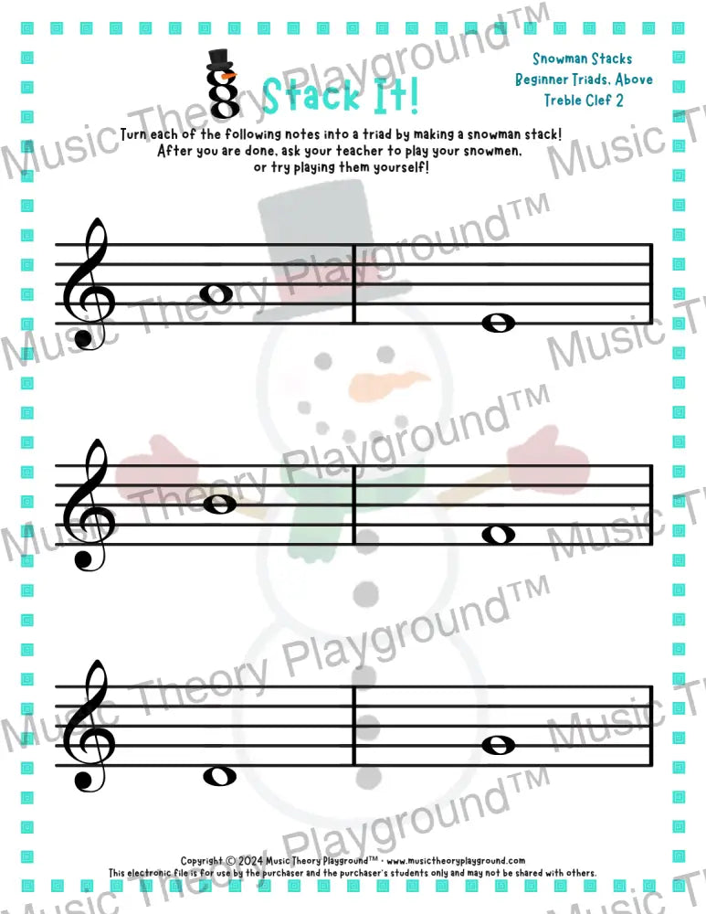 Stack It! Treble Clef: Snowman Collection 1 2 / Worksheet + Answer Key Student Worksheet