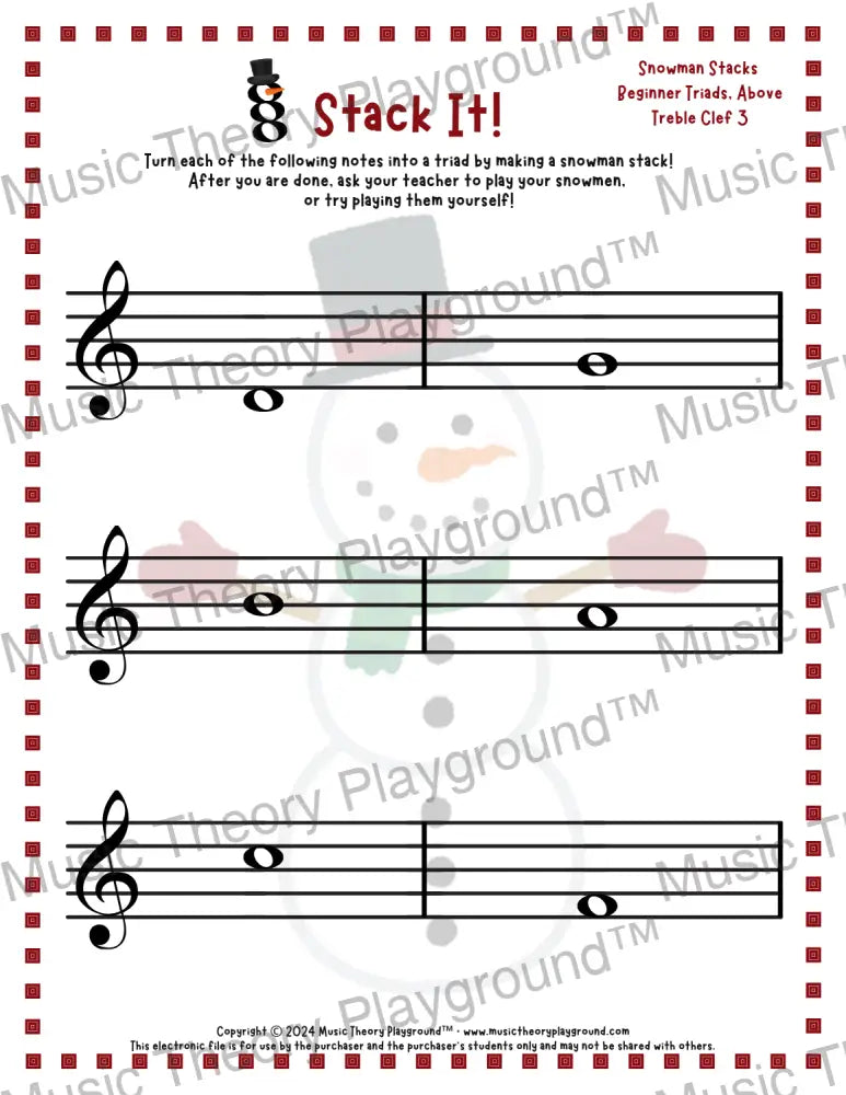 Stack It! Treble Clef: Snowman Collection 1 3 / Worksheet + Answer Key Student Worksheet