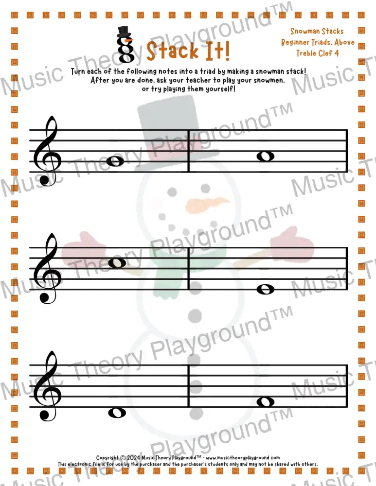 Stack It! Treble Clef: Snowman Collection 1 4 / Worksheet + Answer Key Student Worksheet