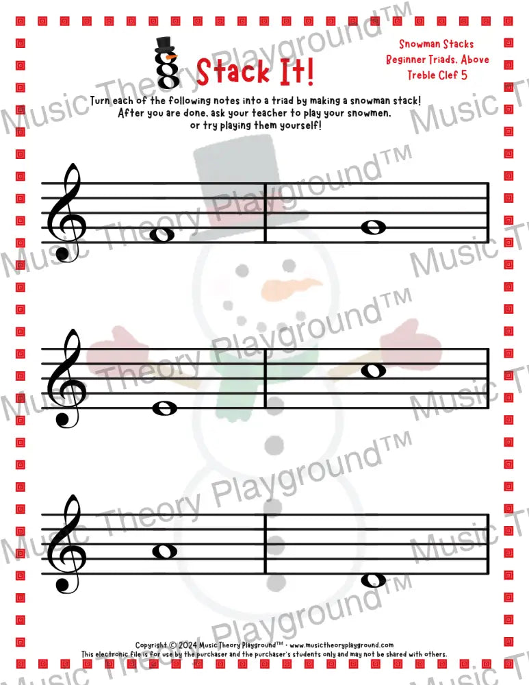 Stack It! Treble Clef: Snowman Collection 1 5 / Worksheet + Answer Key Student Worksheet