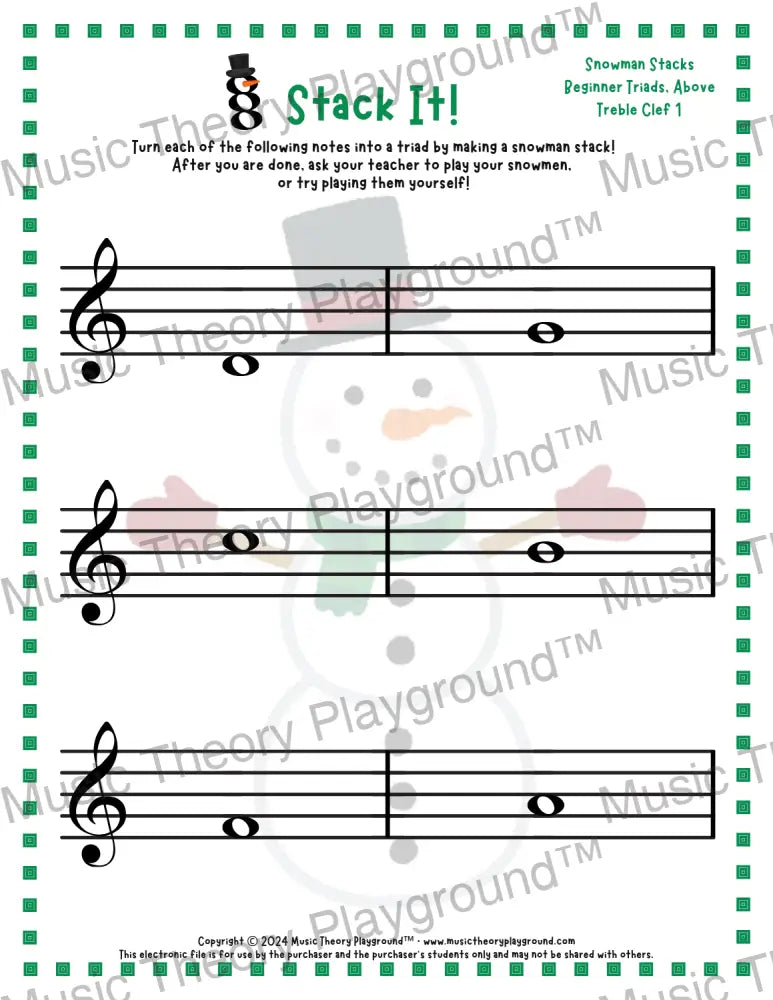 Stack It! Treble Clef: Snowman Collection 1 1 / Worksheet + Answer Key Student Worksheet