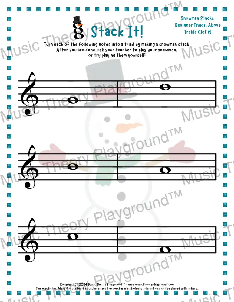 Stack It! Treble Clef: Snowman Collection 2 1 / Worksheet + Answer Key Student Worksheet