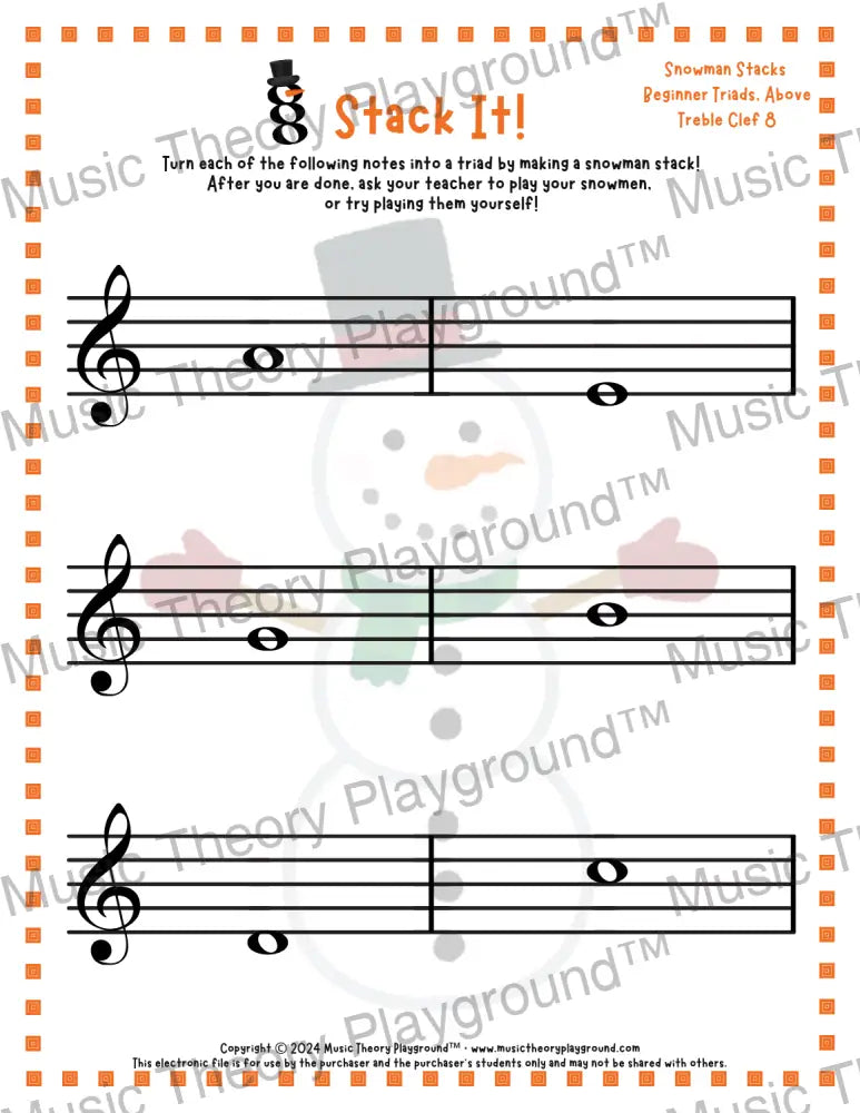 Stack It! Treble Clef: Snowman Collection 2 3 / Worksheet + Answer Key Student Worksheet