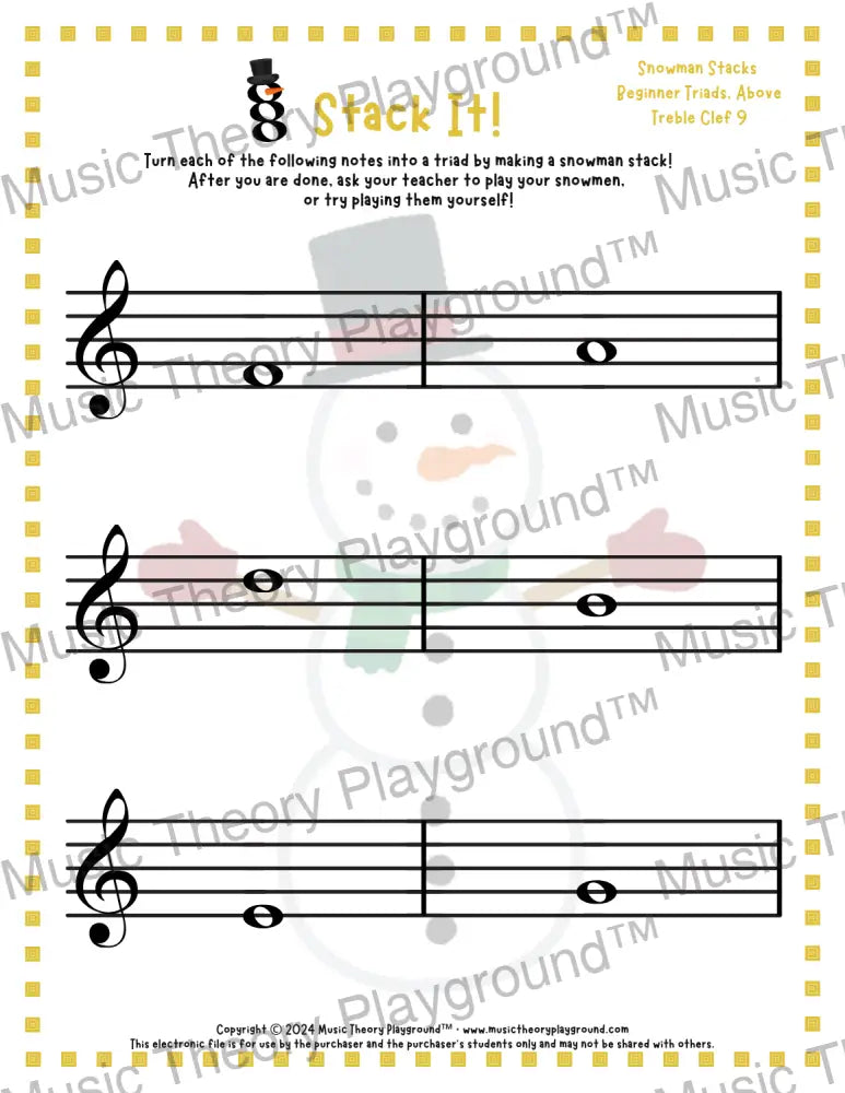 Stack It! Treble Clef: Snowman Collection 2 4 / Worksheet + Answer Key Student Worksheet
