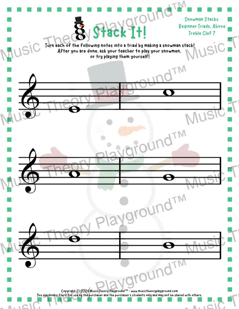 Stack It! Treble Clef: Snowman Collection 2 2 / Worksheet + Answer Key Student Worksheet