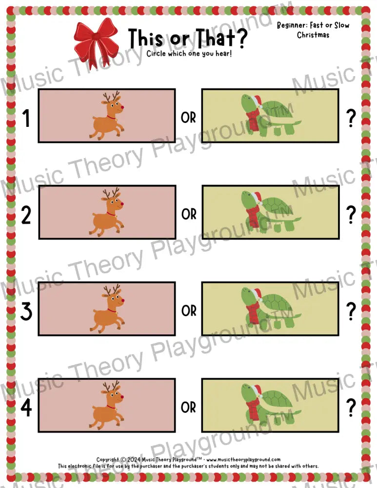 This or That? Christmas Listening Collection 1 Fast/Slow / Worksheet Only Lesson Activity