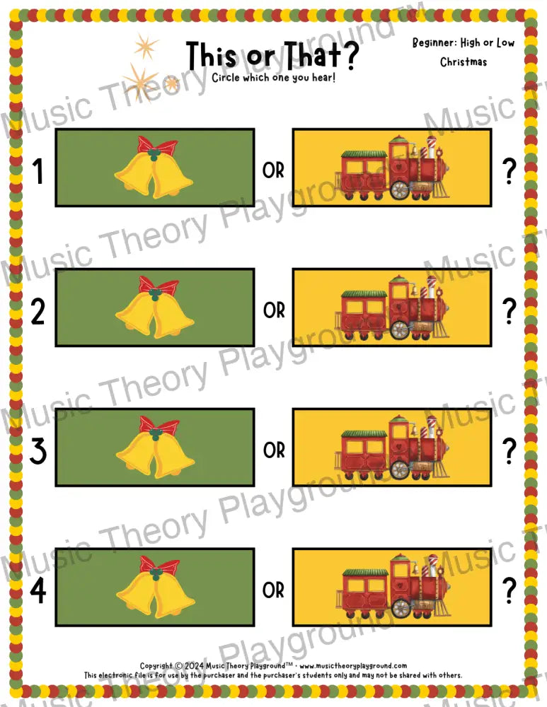This or That? Christmas Listening Collection 1 High/Low / Worksheet Only Lesson Activity