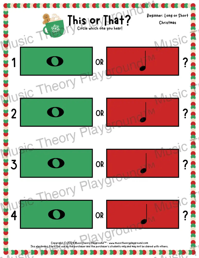 This or That? Christmas Listening Collection 1 Long/Short / Worksheet Only Lesson Activity