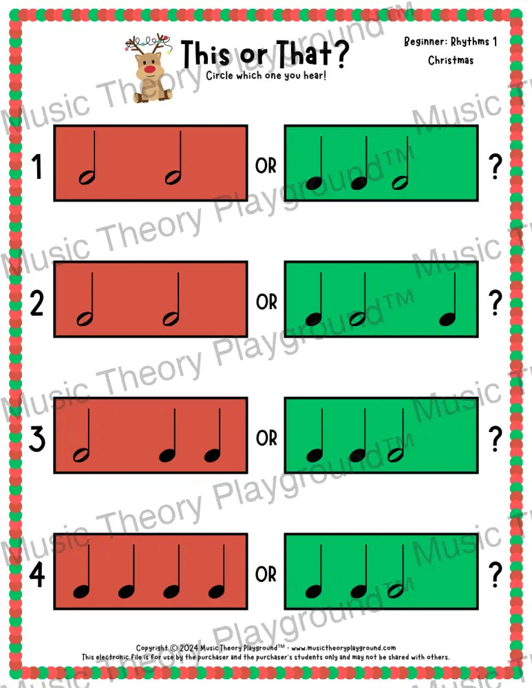 This or That? Christmas Rhythm Collection 1 / Worksheet Only Lesson Activity