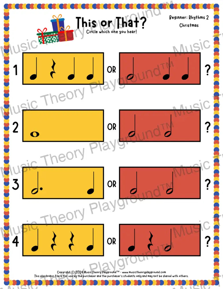 This or That? Christmas Rhythm Collection 2 / Worksheet Only Lesson Activity
