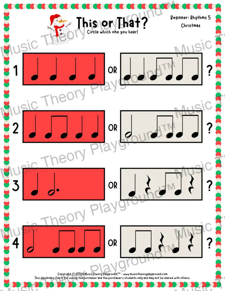 This or That? Christmas Rhythm Collection 5 / Worksheet Only Lesson Activity