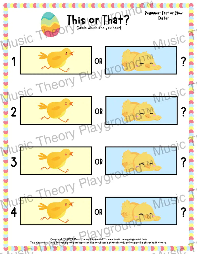 This or That? Easter Listening Collection 1 Fast/Slow / Worksheet Only Lesson Activity