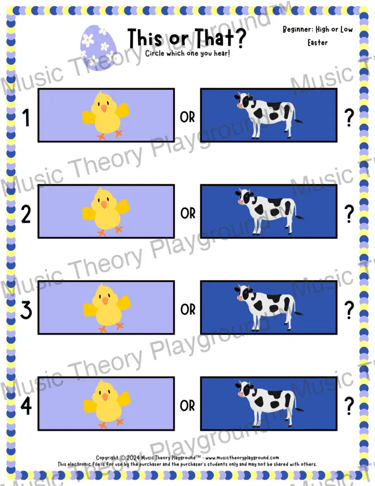 This or That? Easter Listening Collection 1 High/Low / Worksheet Only Lesson Activity