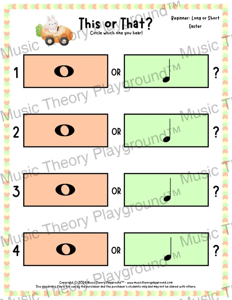 This or That? Easter Listening Collection 1 Long/Short / Worksheet Only Lesson Activity