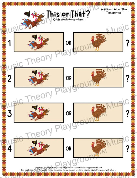 This or That? Thanksgiving Listening Collection 1 Fast/Slow / Worksheet Only Lesson Activity