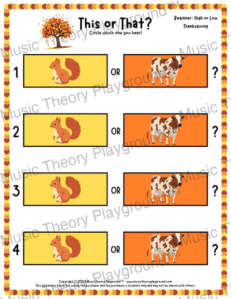 This or That? Thanksgiving Listening Collection 1 High/Low / Worksheet Only Lesson Activity