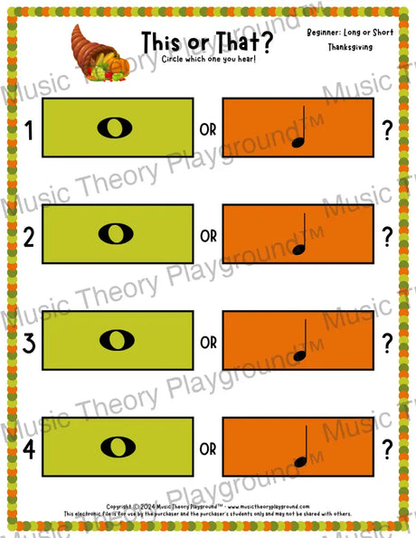 This or That? Thanksgiving Listening Collection 1 Long/Short / Worksheet Only Lesson Activity