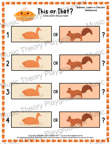 This or That? Thanksgiving Listening Collection 2 Legato/Staccato / Worksheet Only Lesson Activity