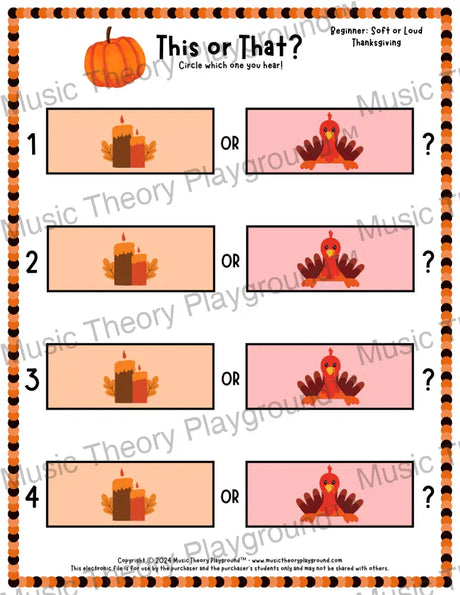 This or That? Thanksgiving Listening Collection 2 Soft/Loud / Worksheet Only Lesson Activity