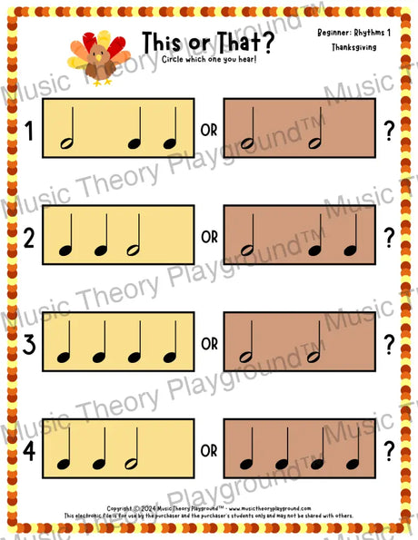 This or That? Thanksgiving Rhythm Collection 1 / Worksheet Only Lesson Activity