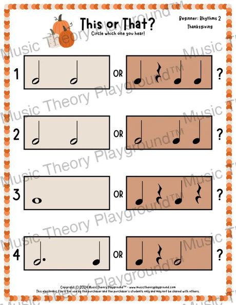 This or That? Thanksgiving Rhythm Collection 2 / Worksheet Only Lesson Activity