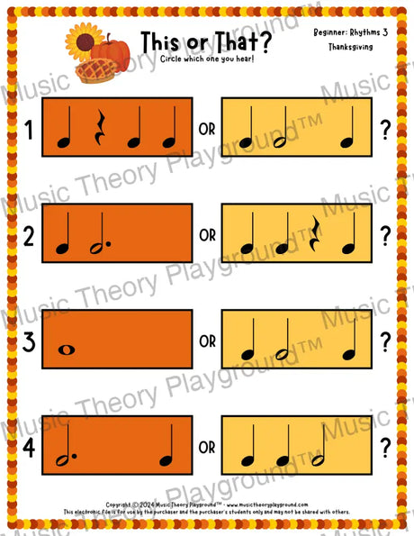 This or That? Thanksgiving Rhythm Collection 3 / Worksheet Only Lesson Activity