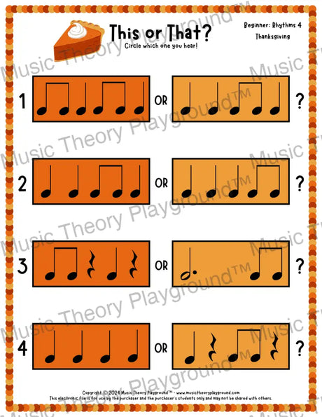 This or That? Thanksgiving Rhythm Collection 4 / Worksheet Only Lesson Activity