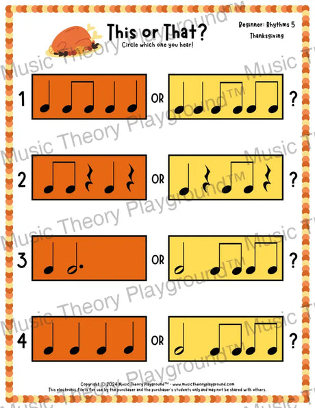 This or That? Thanksgiving Rhythm Collection 5 / Worksheet Only Lesson Activity