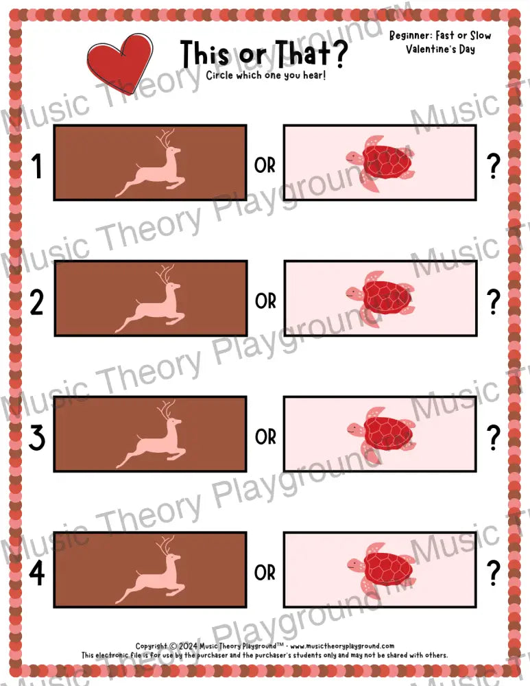 This or That? Valentine’s Day Listening Collection 1 Fast/Slow / Worksheet Only Lesson Activity