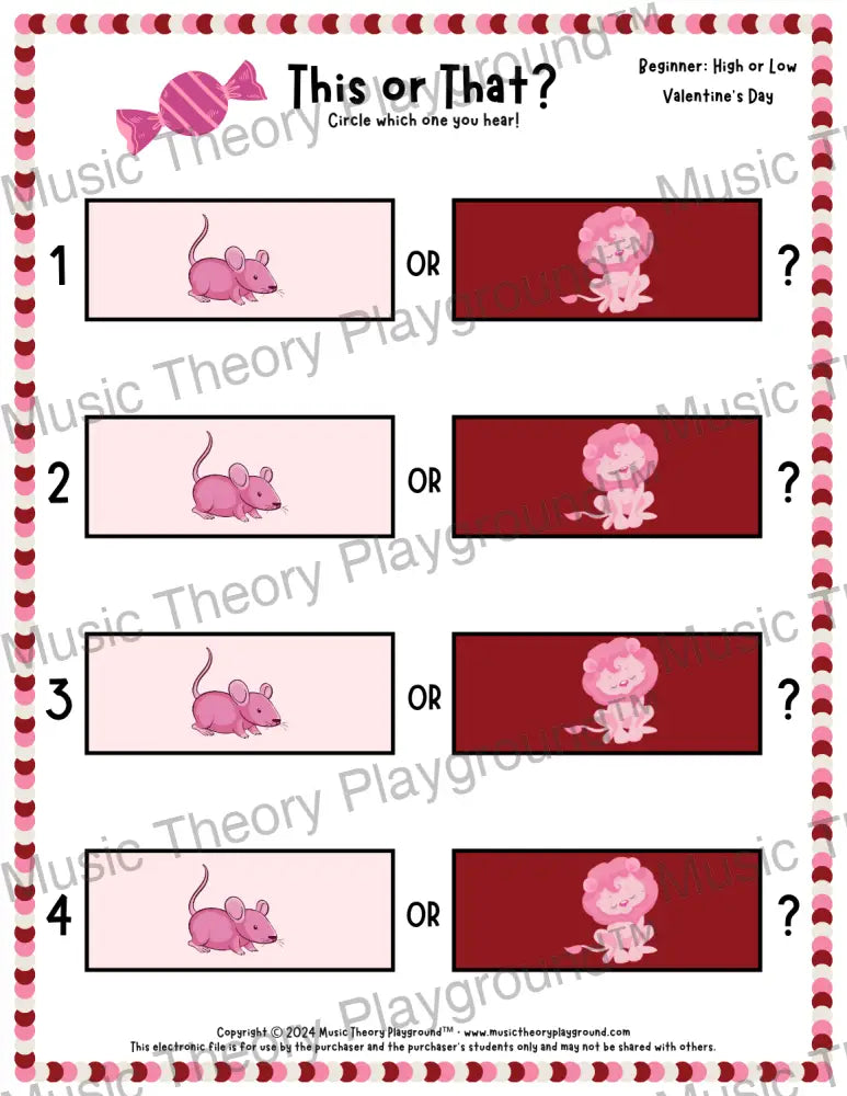 This or That? Valentine’s Day Listening Collection 1 High/Low / Worksheet Only Lesson Activity