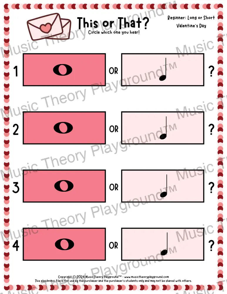 This or That? Valentine’s Day Listening Collection 1 Long/Short / Worksheet Only Lesson Activity