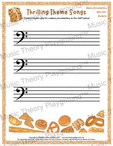 Thrilling Theme Songs: Bakery Documentary Bass Clef Big Note Student Worksheet