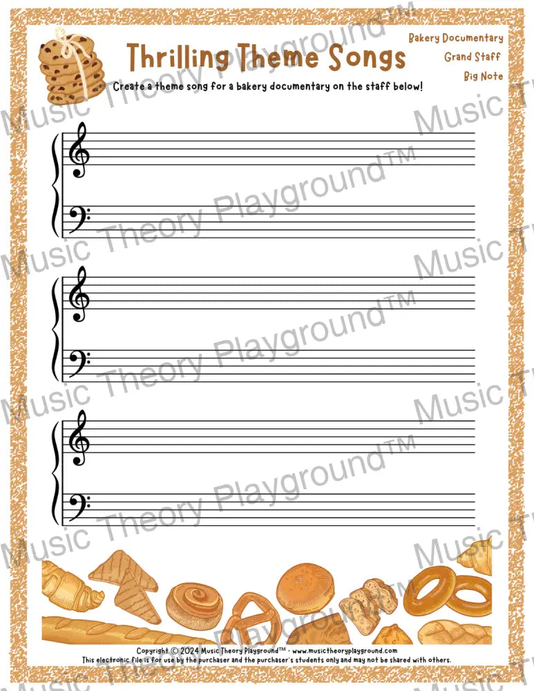 Thrilling Theme Songs: Bakery Documentary Grand Staff Big Note Student Worksheet