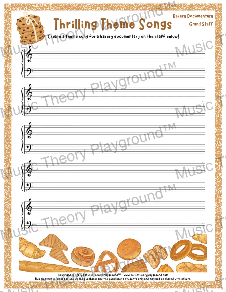 Thrilling Theme Songs: Bakery Documentary Grand Staff Student Worksheet