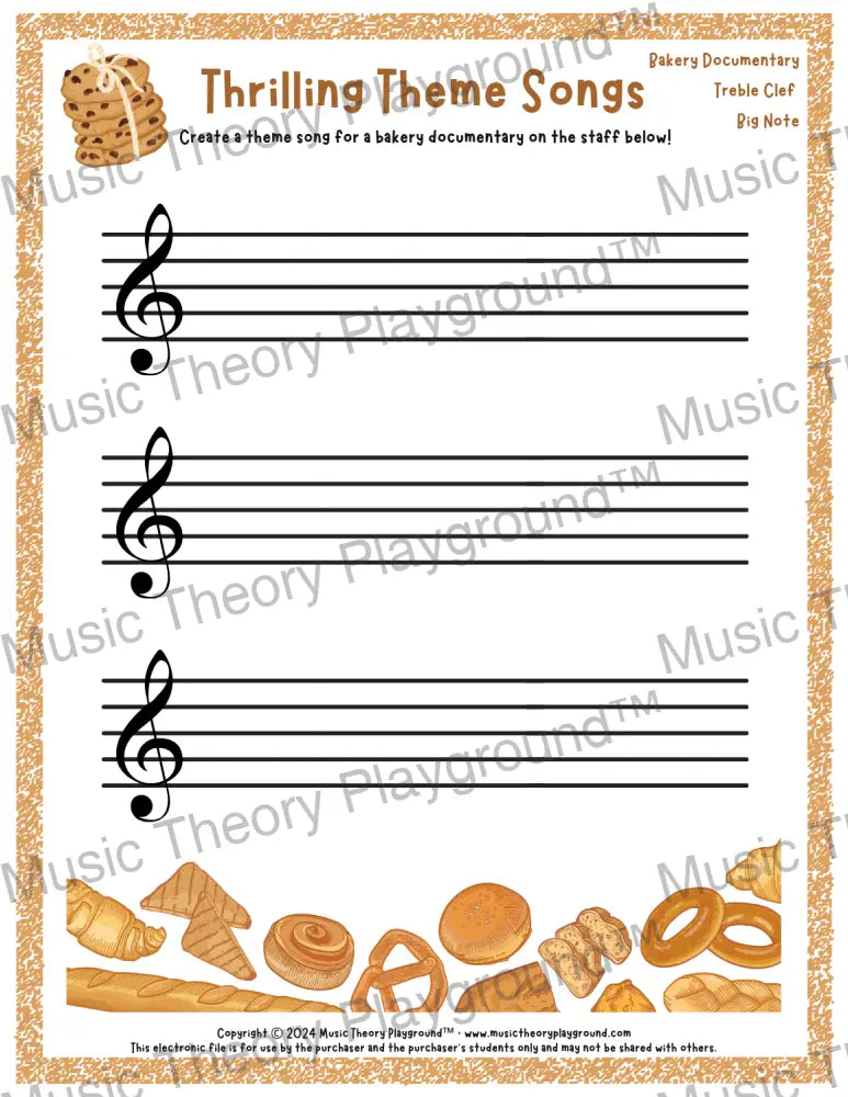 Thrilling Theme Songs: Bakery Documentary Treble Clef Big Note Student Worksheet
