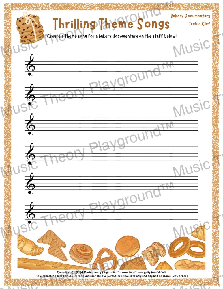 Thrilling Theme Songs: Bakery Documentary Treble Clef Student Worksheet