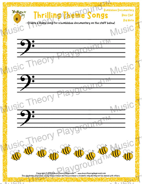 Thrilling Theme Songs: Bumblebee Documentary Bass Clef Big Note Student Worksheet