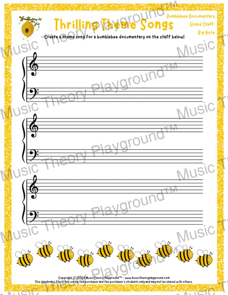 Thrilling Theme Songs: Bumblebee Documentary Grand Staff Big Note Student Worksheet