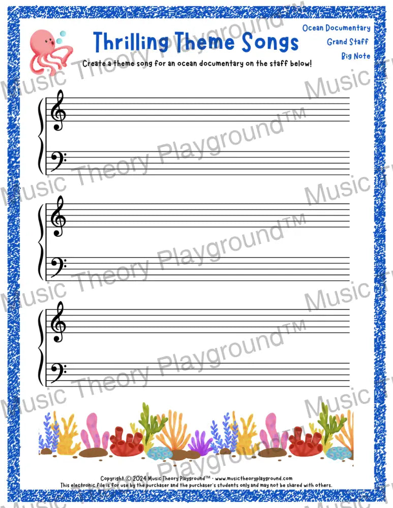 Thrilling Theme Songs: Ocean Documentary Grand Staff Big Note Student Worksheet