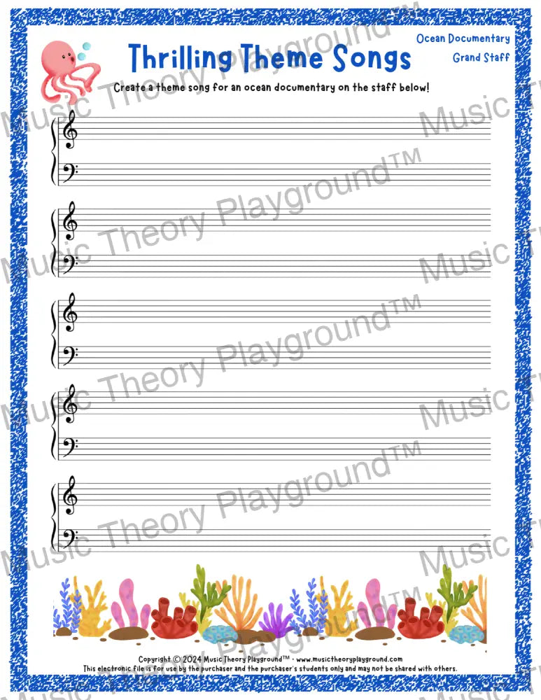 Thrilling Theme Songs: Ocean Documentary Grand Staff Student Worksheet